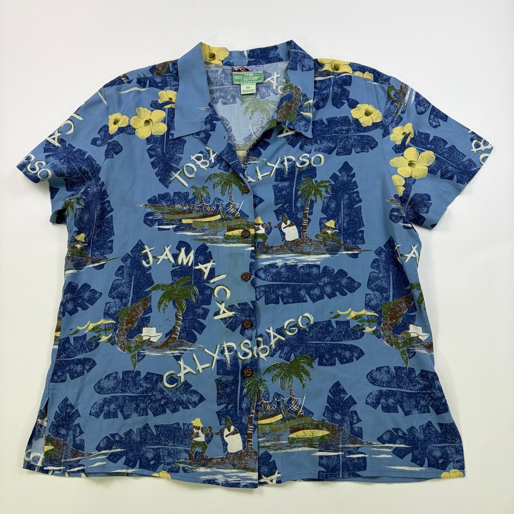 Vintage Reyn Spooner Jamaica Calypso Tobago Shirt Womens M Blue Rayon Hawaiian